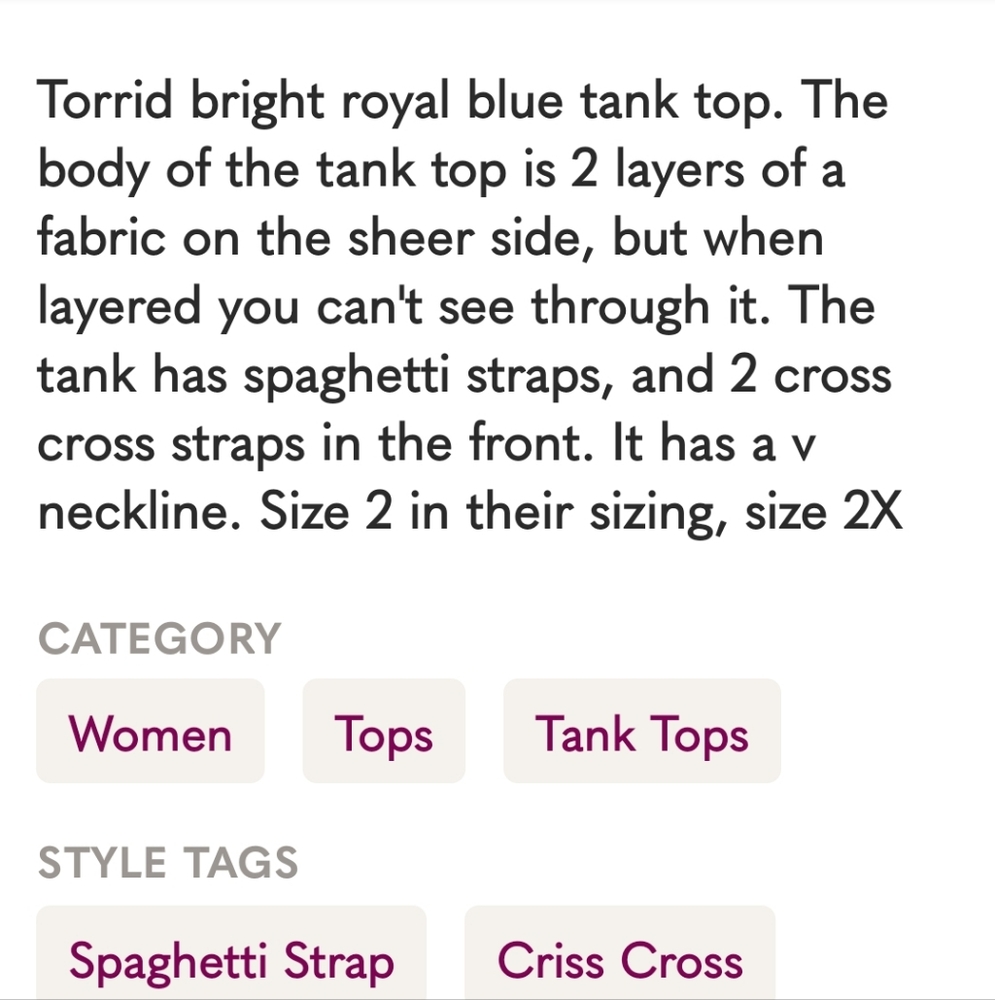 EC Torrid Royal Blue Strappy Tank Top Size 2/2X - Picture 9 of 9